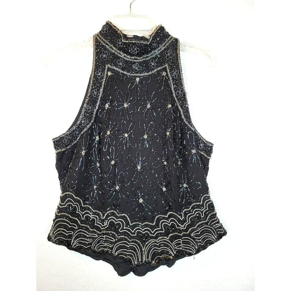 Adrianna Papell Womens Flower Silk Beaded Top Size Large Black Evening Formal - Picture 1 of 10